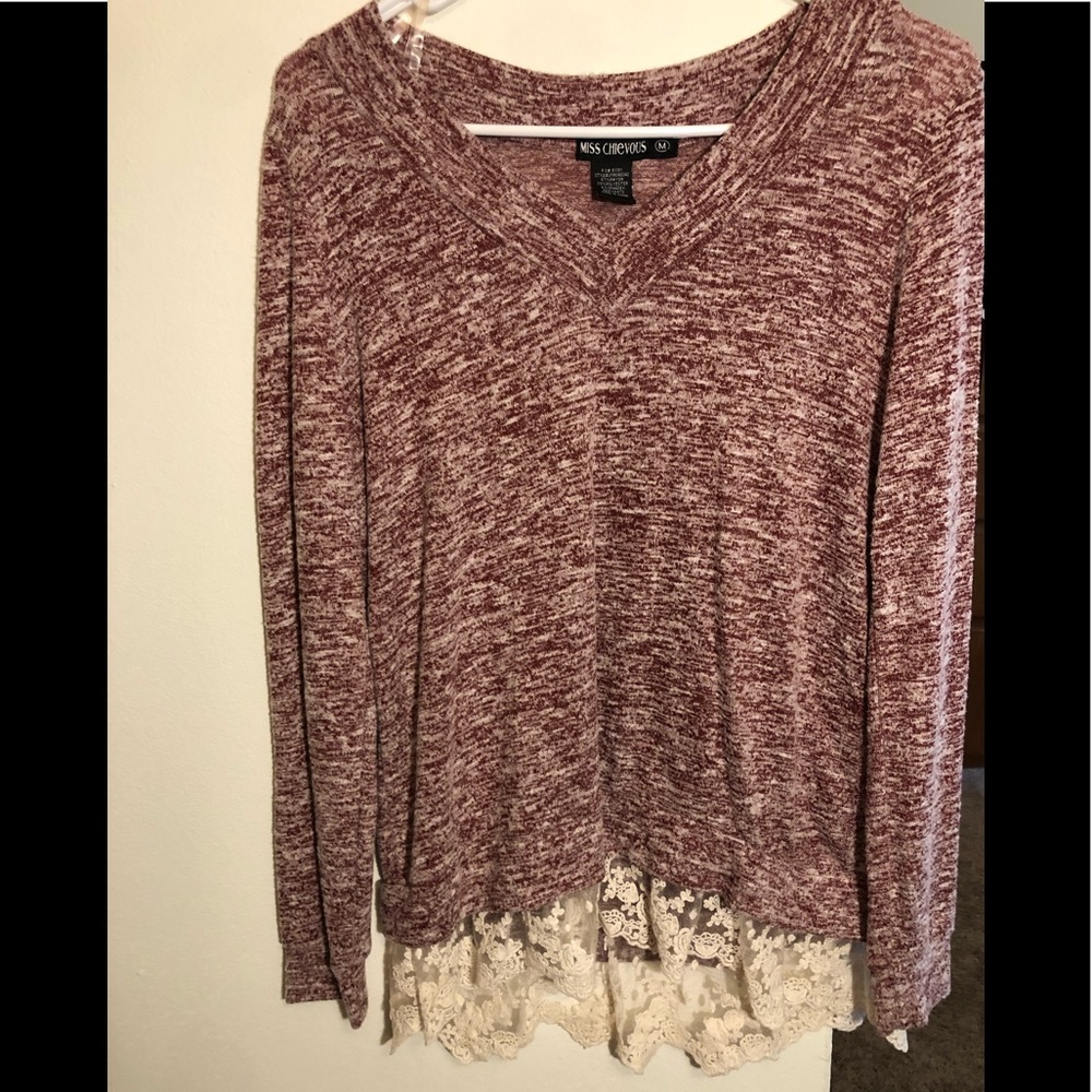 Soft red long sleeve shirt with lace detail